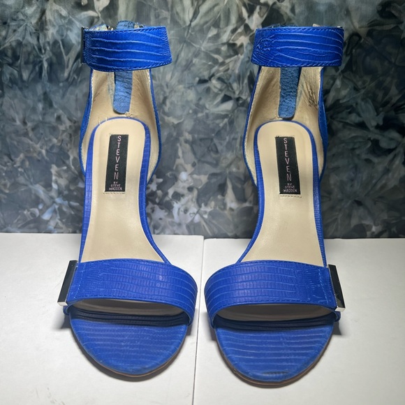 Steven Steve Madden Ankle Strep Blue Leather Snakeskin print Heels 8.5 - Picture 3 of 11